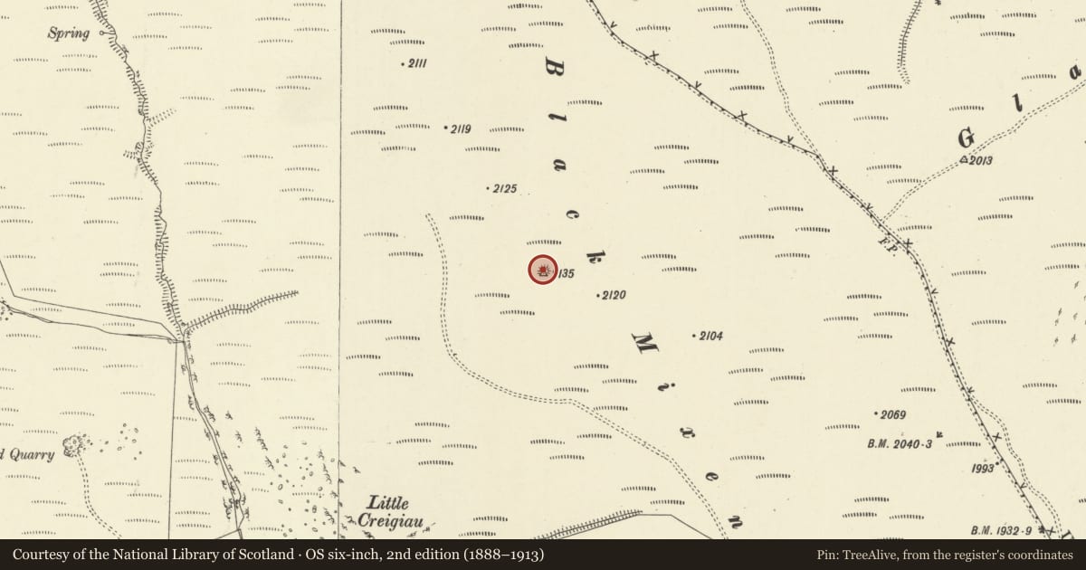 Ordnance Survey six-inch map, 2nd edition (1888–1913) covering the location of Black Mixen round barrow, New Radnor, Powys, with a pin at the register's coordinates