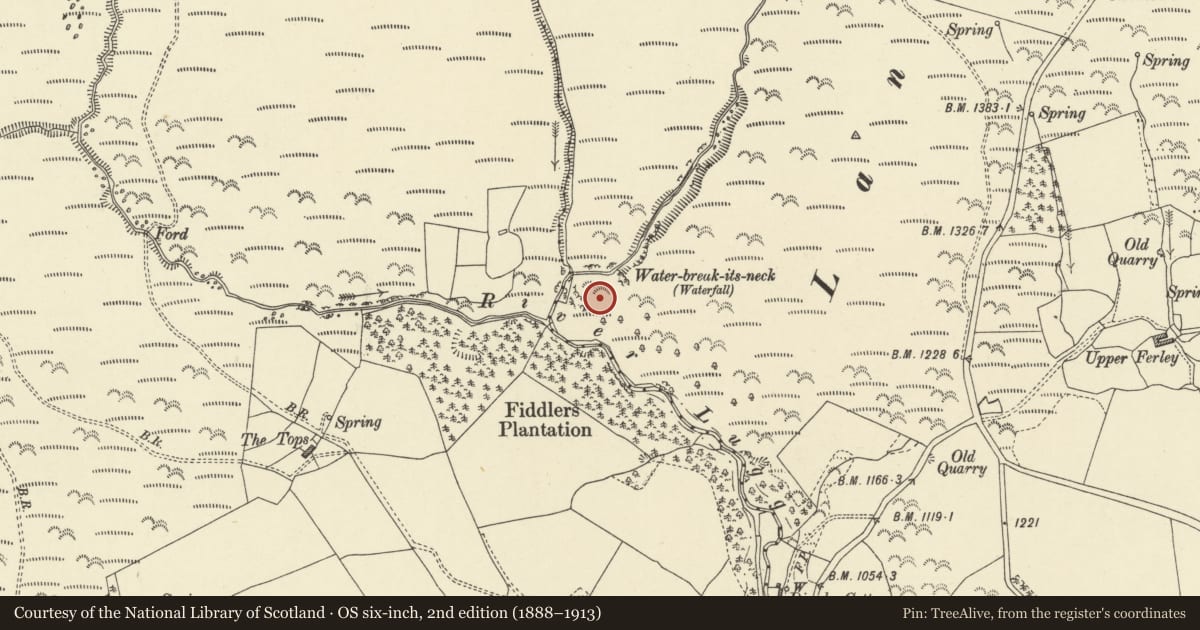 Ordnance Survey six-inch map, 2nd edition (1888–1913) covering the location of Water-break-its-neck promontory fort, Llangunllo, Powys, with a pin at the register's coordinates