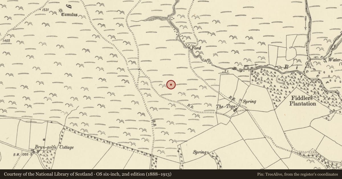 Ordnance Survey six-inch map, 2nd edition (1888–1913) covering the location of Rhos-crug Hill settlement, Llanbister, Powys, with a pin at the register's coordinates