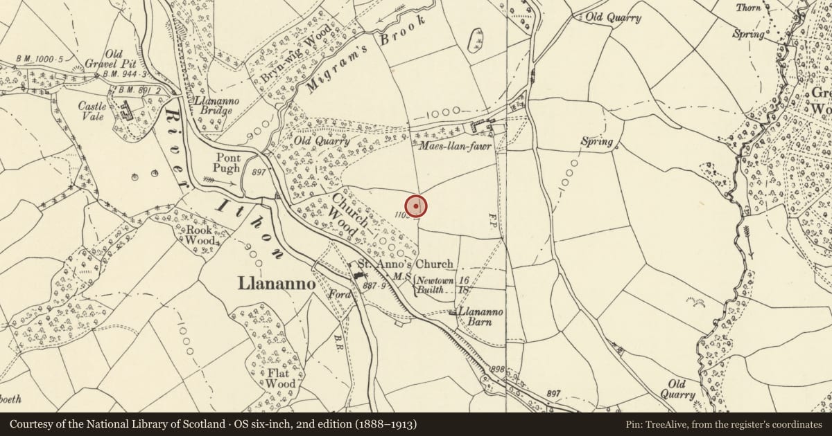 Ordnance Survey six-inch map, 2nd edition (1888–1913) covering the location of Llananno Royal Observer Corps Monitoring Post, Llanbadarn Fynydd, Powys, with a pin at the register's coordinates