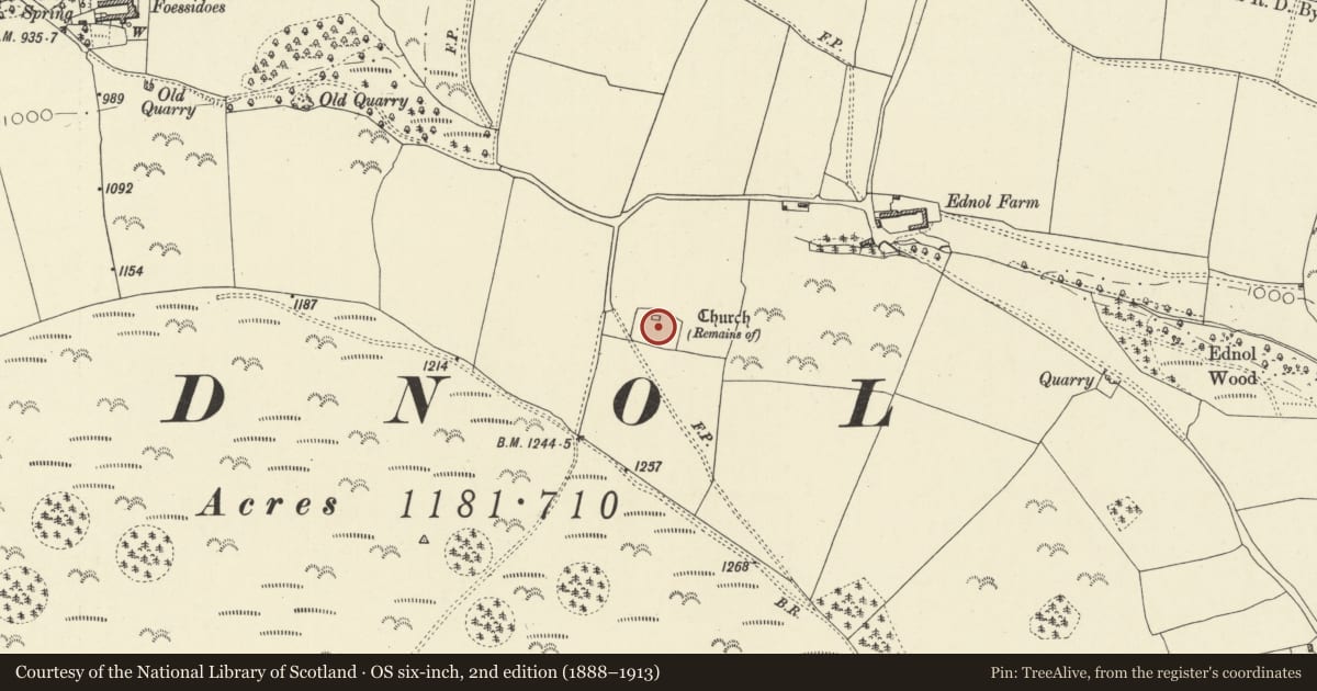 Ordnance Survey six-inch map, 2nd edition (1888–1913) covering the location of Ednol Chapel, Old Radnor, Powys, with a pin at the register's coordinates