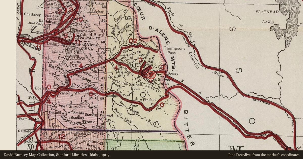 Idaho, 1909, covering the location of The Big Blowup, with a pin at the marker's coordinates