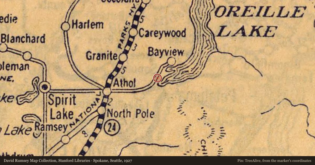 Spokane, Seattle, 1927, covering the location of Bayview Limekilns, with a pin at the marker's coordinates