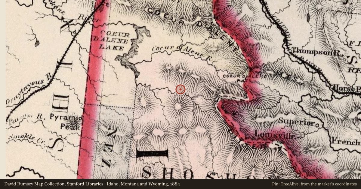 Idaho, Montana and Wyoming, 1884, covering the location of Burke, with a pin at the marker's coordinates