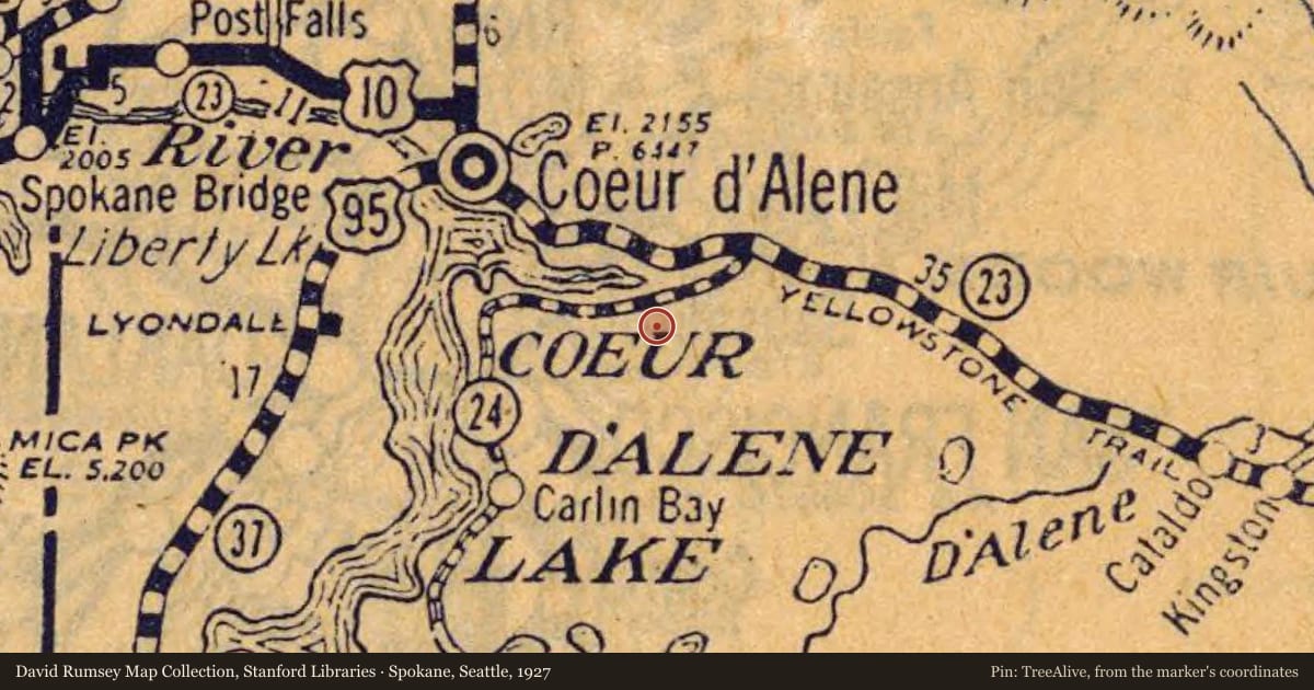 Spokane, Seattle, 1927, covering the location of Coeur d'Alene Lake, with a pin at the marker's coordinates