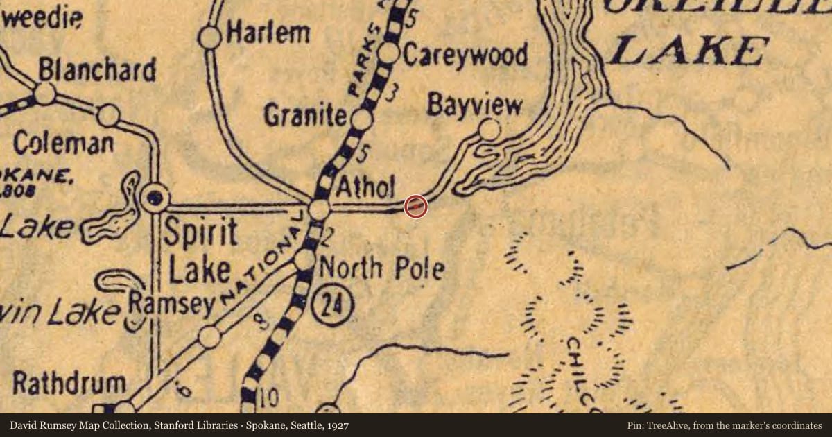 Spokane, Seattle, 1927, covering the location of Farragut, with a pin at the marker's coordinates