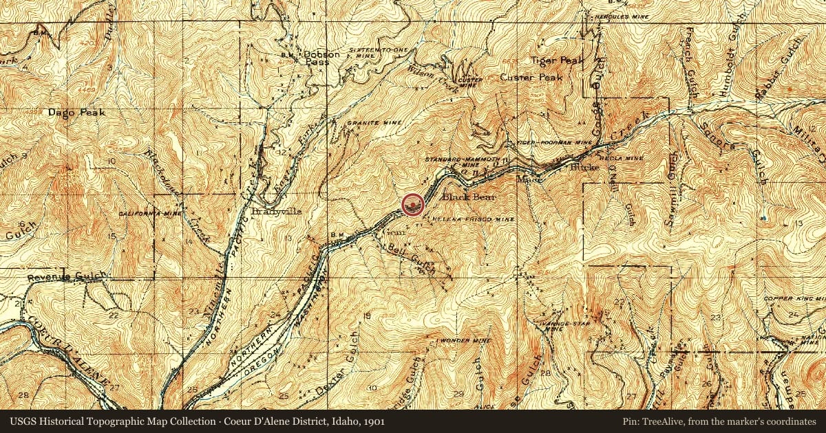Coeur D'Alene District, Idaho, 1901, covering the location of Mining Wars, with a pin at the marker's coordinates