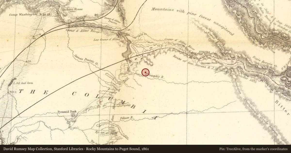 Rocky Mountains to Puget Sound, 1861, covering the location of John Mullan (1830-1909) (After the Road), with a pin at the marker's coordinates