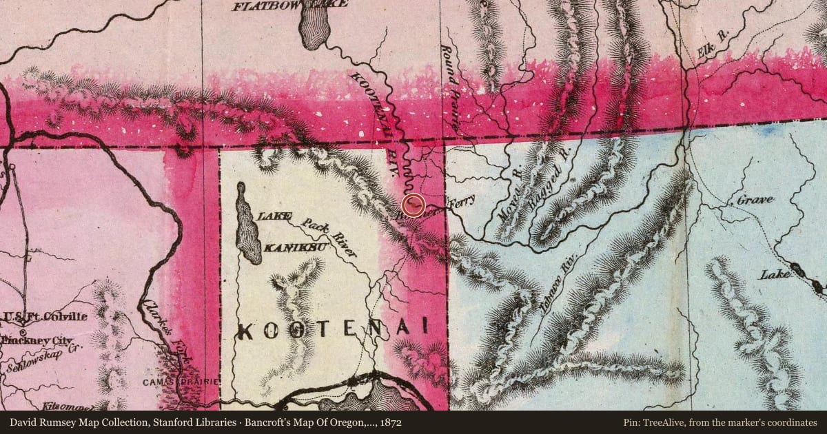 Bancroft's Map Of Oregon, Washington, Idaho, Montana And British Columbia, 1872, covering the location of Kootenai Tribe of Idaho, with a pin at the marker's coordinates