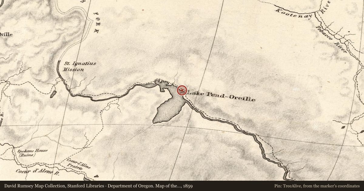 Department of Oregon. Map of the state of Oregon and Washington Territory, 1859, covering the location of Kullyspel House, with a pin at the marker's coordinates