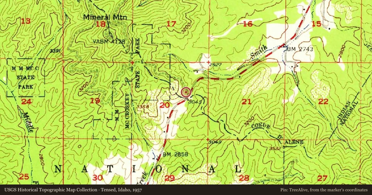 Tensed, Idaho, 1957, covering the location of McCroskey State Park, with a pin at the marker's coordinates