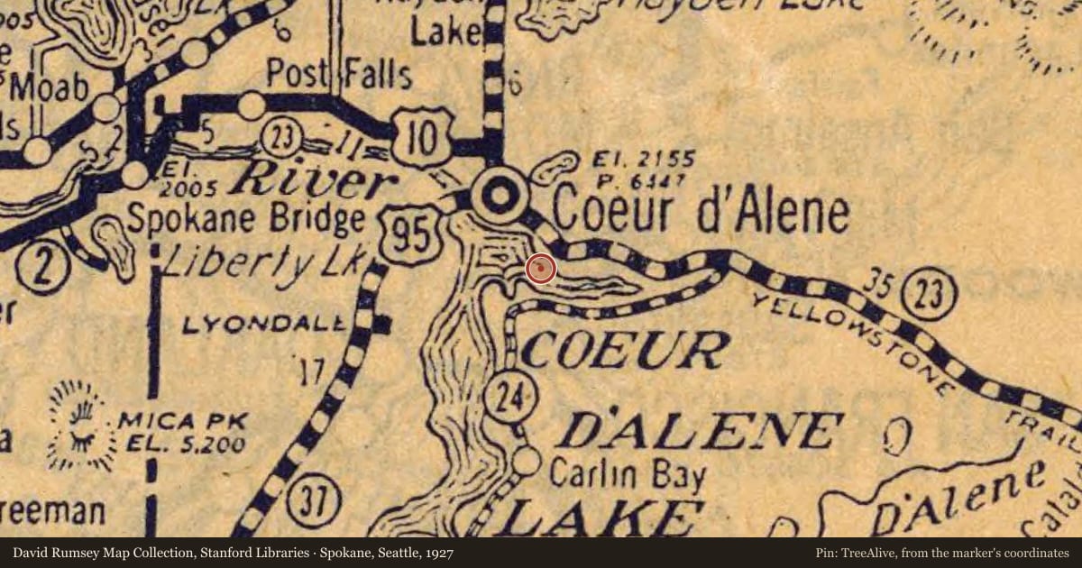 Spokane, Seattle, 1927, covering the location of Lake Steamers, with a pin at the marker's coordinates