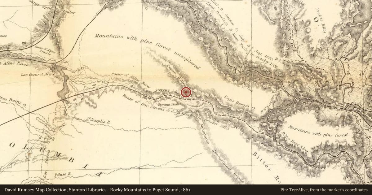 Rocky Mountains to Puget Sound, 1861, covering the location of Schitsu'umsh, with a pin at the marker's coordinates