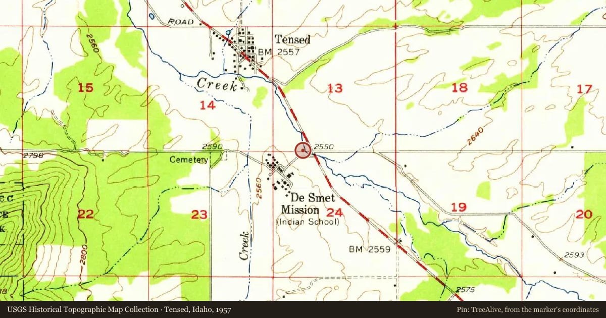 Tensed, Idaho, 1957, covering the location of Dawes Act, with a pin at the marker's coordinates