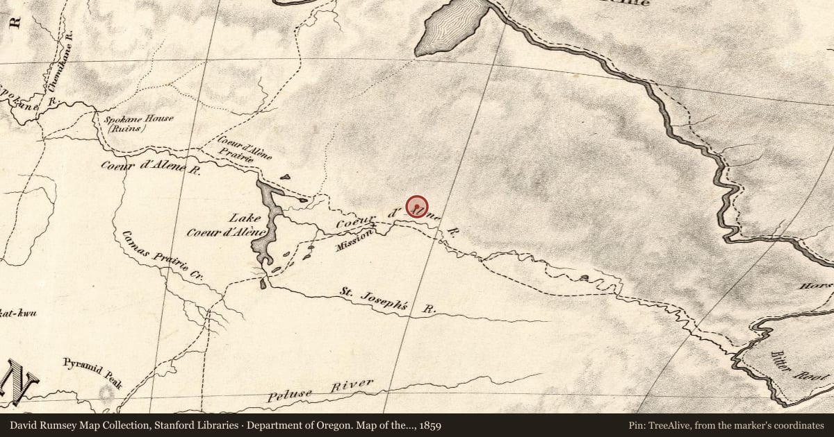 Department of Oregon. Map of the state of Oregon and Washington Territory, 1859, covering the location of Mullan Road, with a pin at the marker's coordinates
