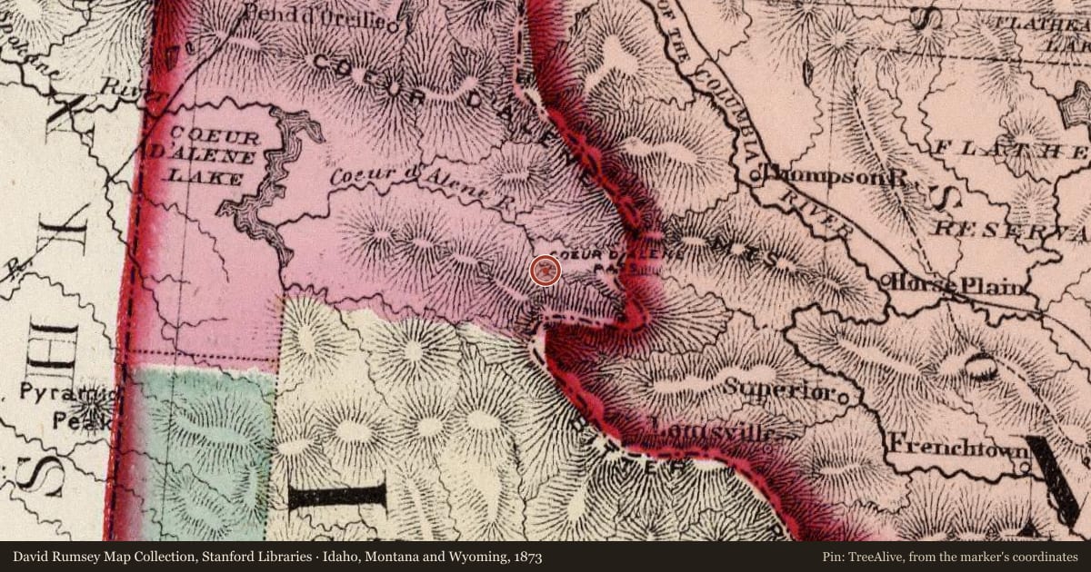 Idaho, Montana and Wyoming, 1873, covering the location of Land of the Schitsu'umsh (Schitsu'umshu'lmkhw), with a pin at the marker's coordinates