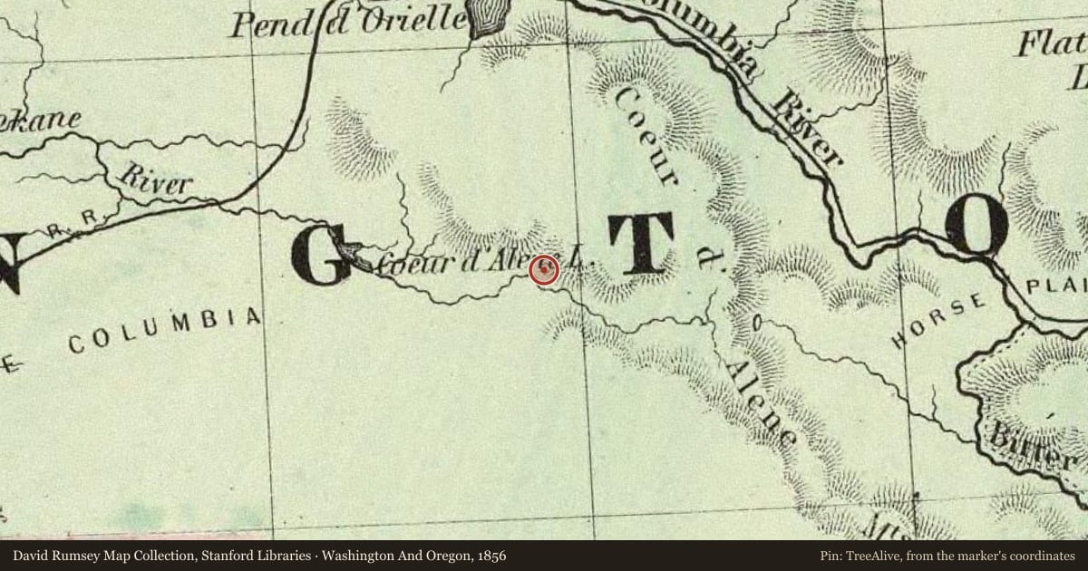 Washington And Oregon, 1856, covering the location of Old Mission of the Sacred Heart (sq’wt’u), with a pin at the marker's coordinates