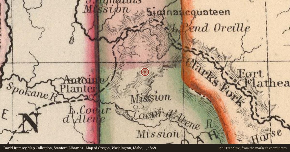 Map of Oregon, Washington, Idaho, and part of Montana, 1868, covering the location of Pen d'Oreille City, with a pin at the marker's coordinates
