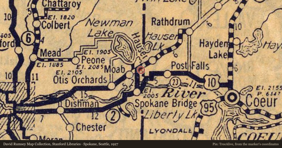 Spokane, Seattle, 1927, covering the location of Rathdrum Prairie, with a pin at the marker's coordinates