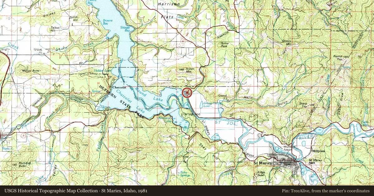St Maries, Idaho, 1981, covering the location of Saint Joseph Mission (St'uts'te'wes), with a pin at the marker's coordinates