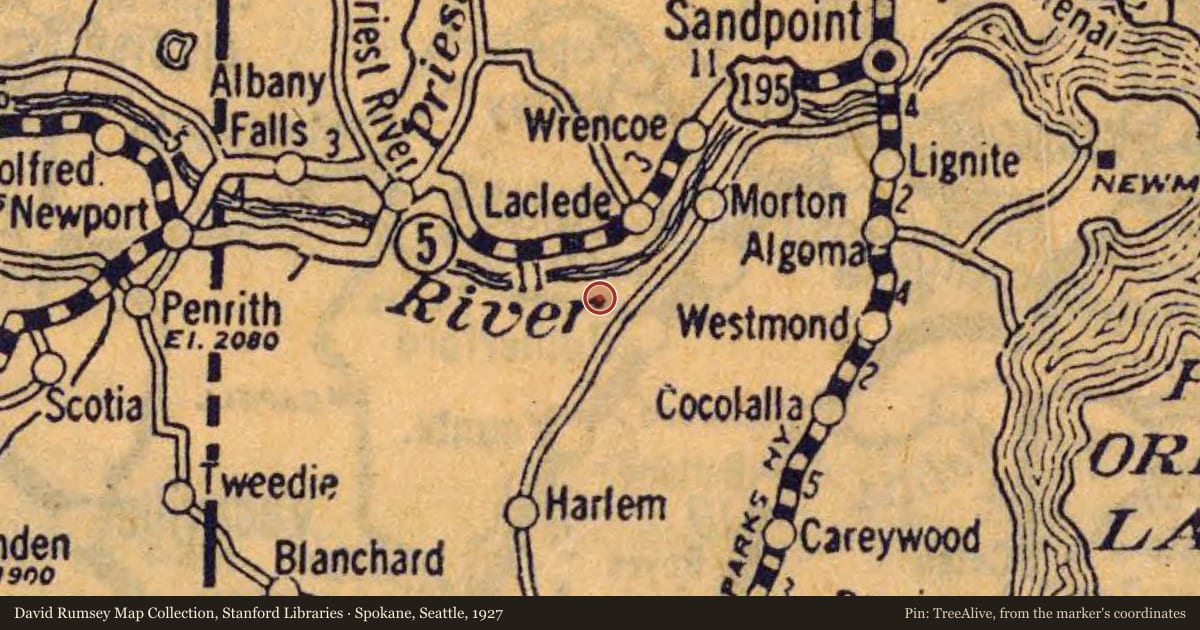 Spokane, Seattle, 1927, covering the location of Seneacquoteen, with a pin at the marker's coordinates