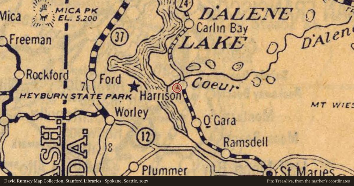 Spokane, Seattle, 1927, covering the location of Submerged Valley, with a pin at the marker's coordinates