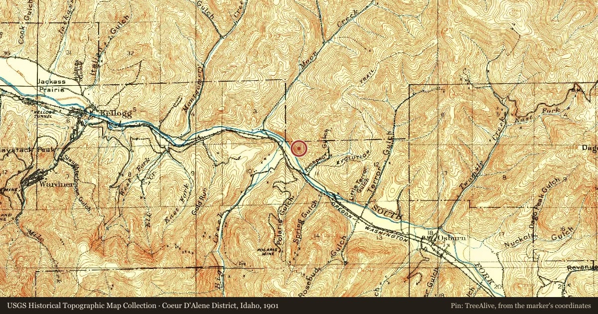 Coeur D'Alene District, Idaho, 1901, covering the location of Sunshine Mine Disaster, with a pin at the marker's coordinates
