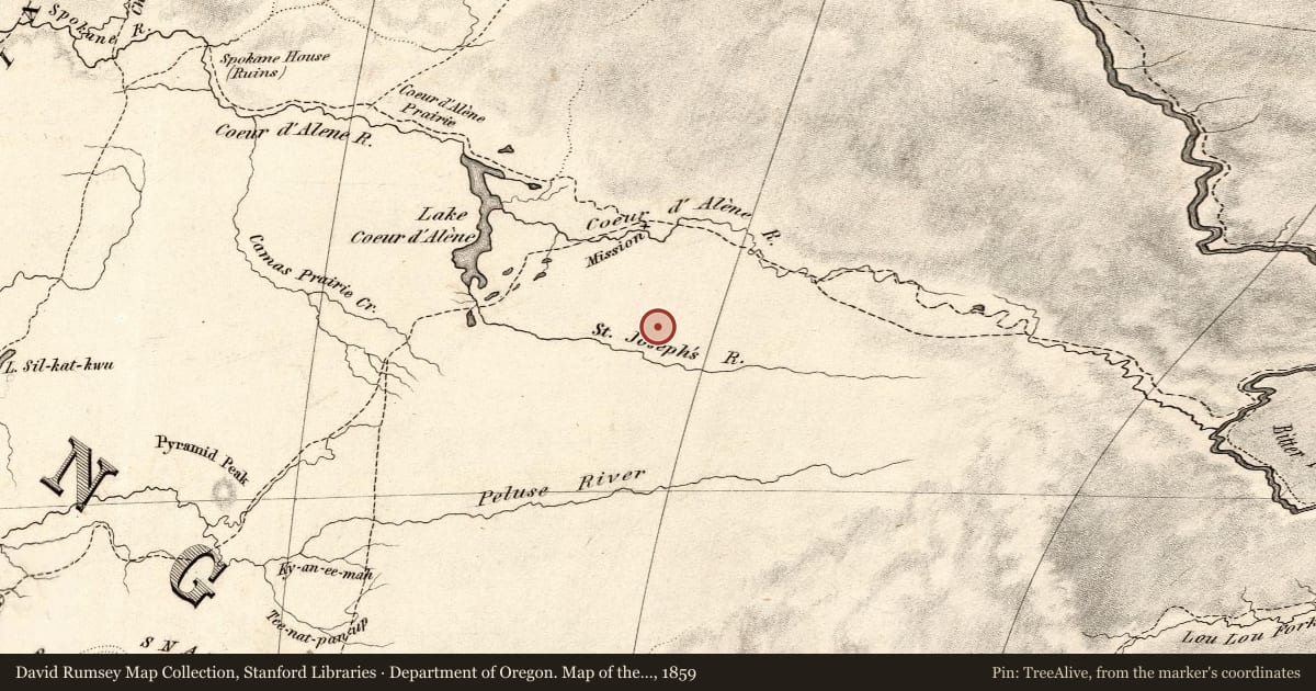 Department of Oregon. Map of the state of Oregon and Washington Territory, 1859, covering the location of Mullan Road, with a pin at the marker's coordinates