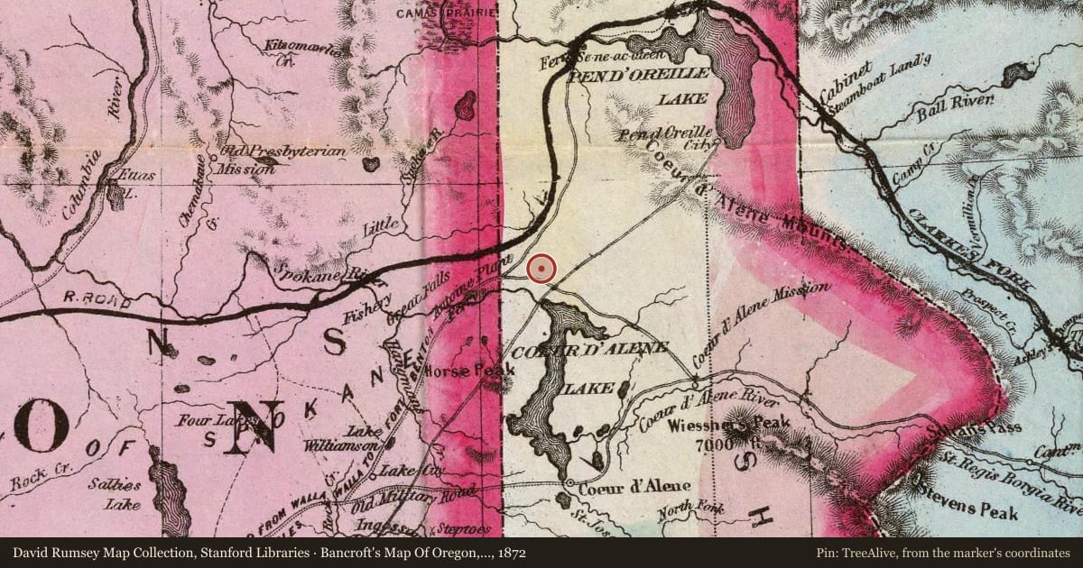 Bancroft's Map Of Oregon, Washington, Idaho, Montana And British Columbia, 1872, covering the location of Treaty Rock (q’emiln), with a pin at the marker's coordinates