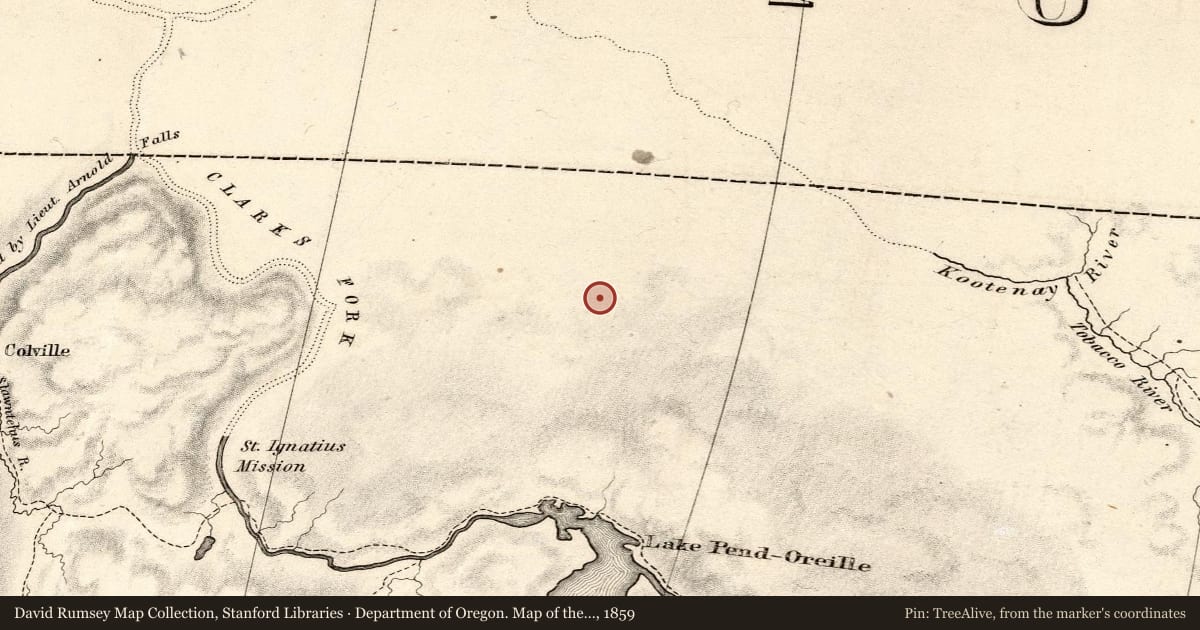 Department of Oregon. Map of the state of Oregon and Washington Territory, 1859, covering the location of Bonners Ferry, with a pin at the marker's coordinates