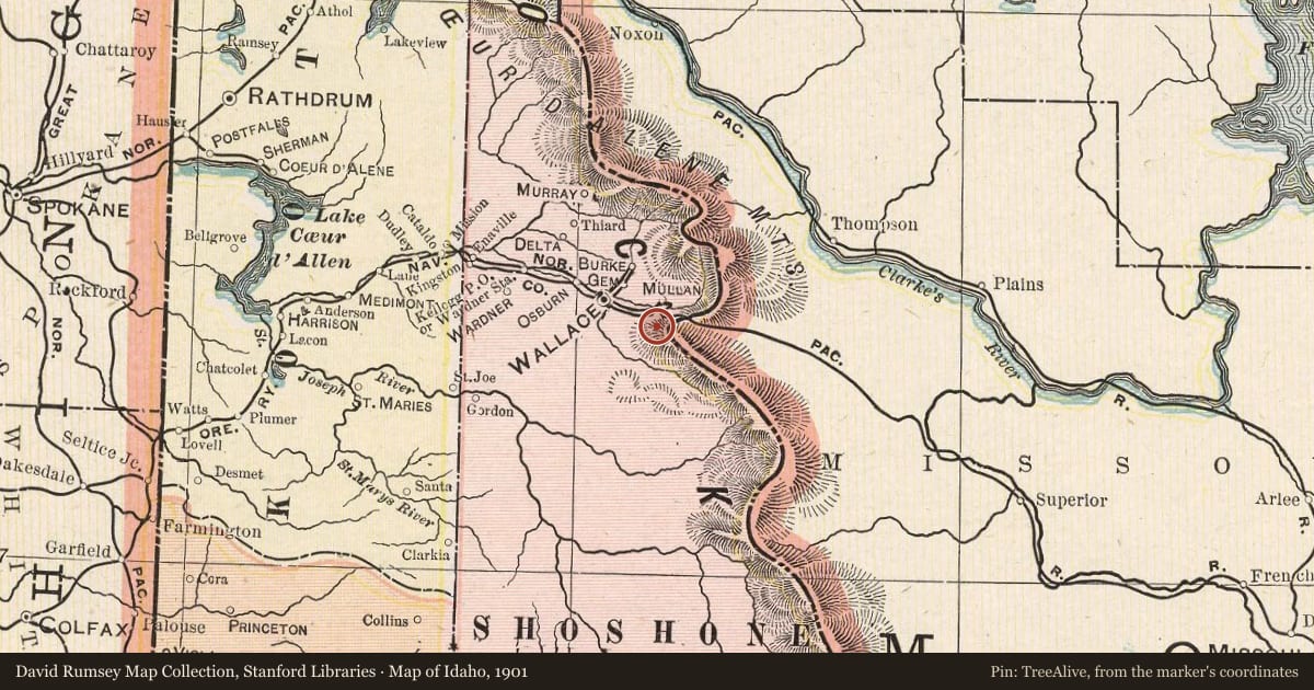 Map of Idaho, 1901, covering the location of Willow Creek Slide, with a pin at the marker's coordinates