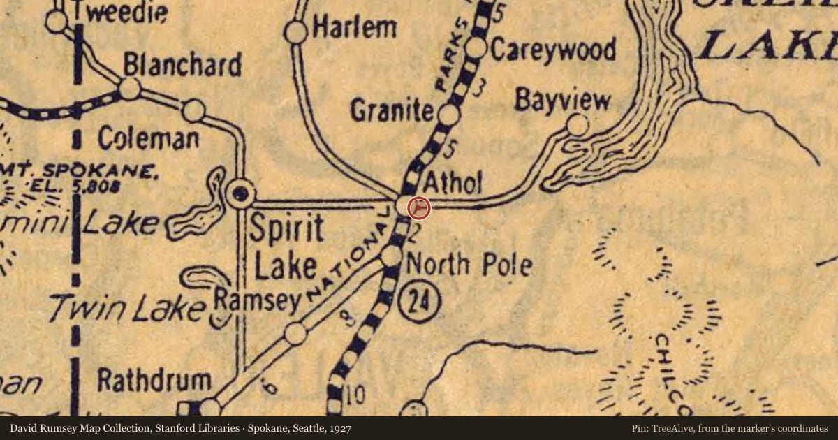 Spokane, Seattle, 1927, covering the location of Gladys Buroker (1914-2002), with a pin at the marker's coordinates