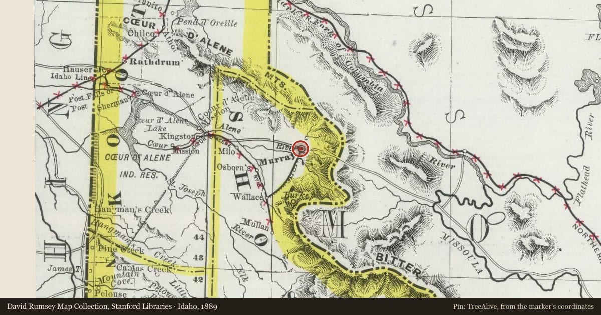Idaho, 1889, covering the location of Levi and May Hutton, with a pin at the marker's coordinates