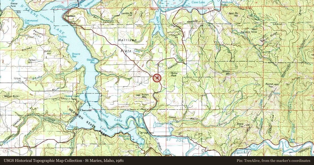 St Maries, Idaho, 1981, covering the location of Joseph Garry (1910-1975), with a pin at the marker's coordinates
