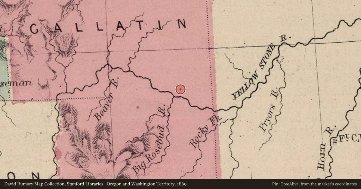 Oregon and Washington Territory, 1869, covering the location of The Thomas Party, with a pin at the marker's coordinates