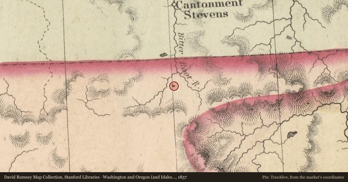 Washington and Oregon (and Idaho and Montana), 1857, covering the location of Ross’ Hole, with a pin at the marker's coordinates