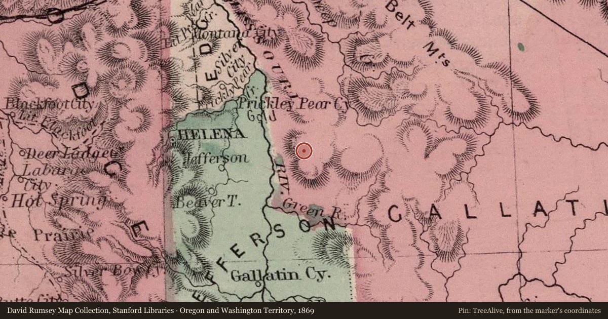 Oregon and Washington Territory, 1869, covering the location of Thar’s Gold in Them Thar Hills, with a pin at the marker's coordinates