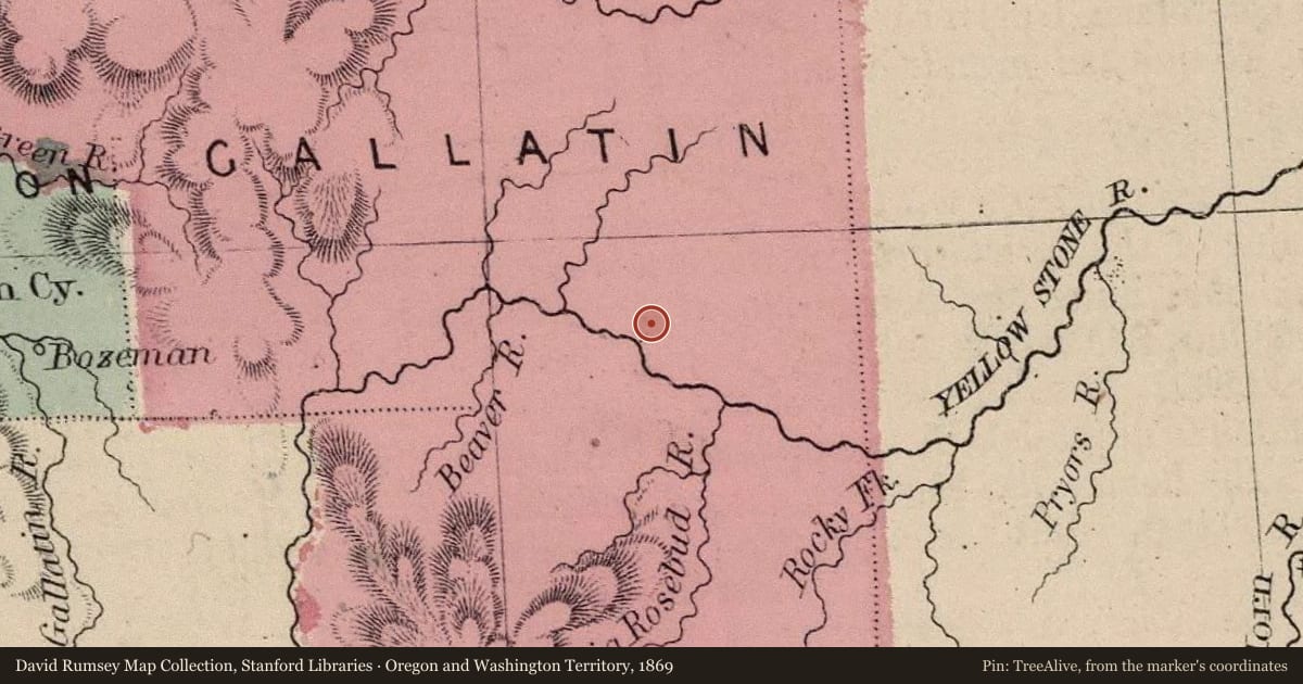 Oregon and Washington Territory, 1869, covering the location of The Bonanza or Bozeman Trail, with a pin at the marker's coordinates
