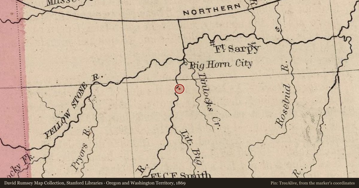 Oregon and Washington Territory, 1869, covering the location of Pompey’s Pillar, with a pin at the marker's coordinates