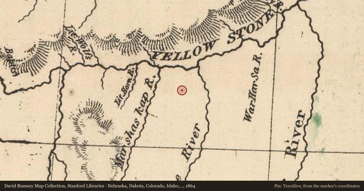 Nebraska, Dakota, Colorado, Idaho, Kansas, 1864, covering the location of The Tongue River, with a pin at the marker's coordinates