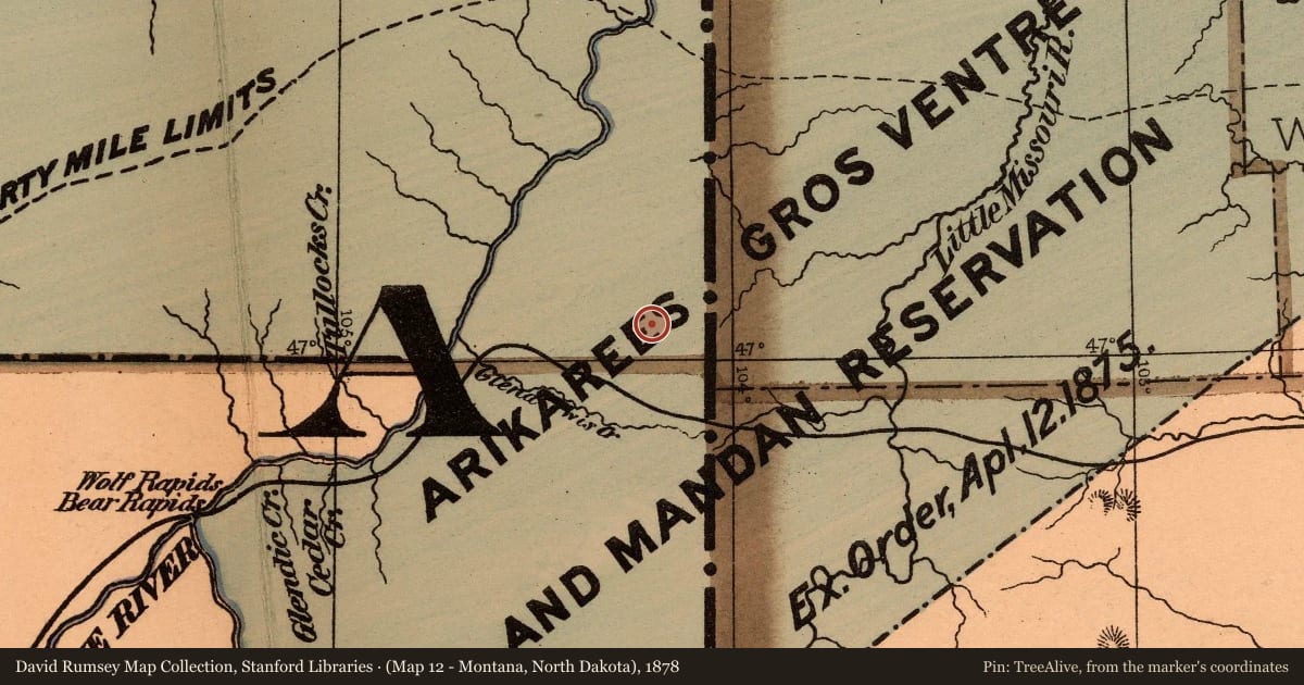 (Map 12 - Montana, North Dakota), 1878, covering the location of Pierre Wibaux, with a pin at the marker's coordinates