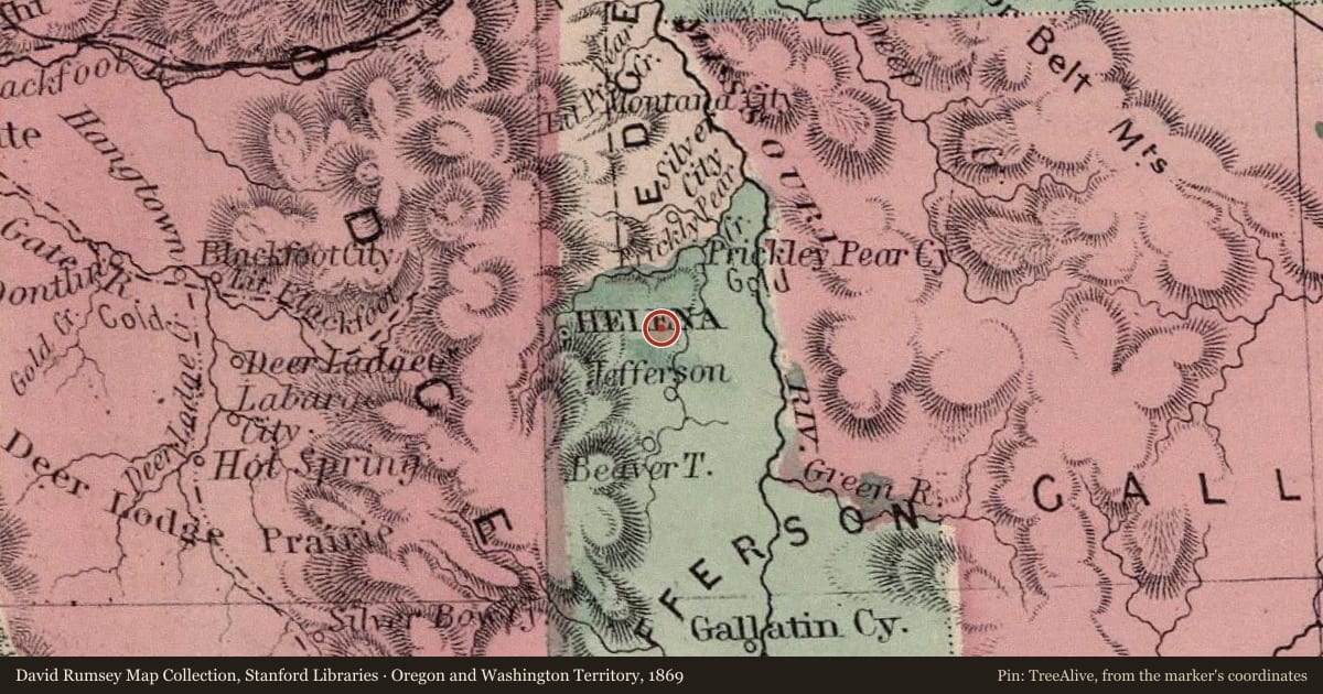Oregon and Washington Territory, 1869, covering the location of Freighters, with a pin at the marker's coordinates