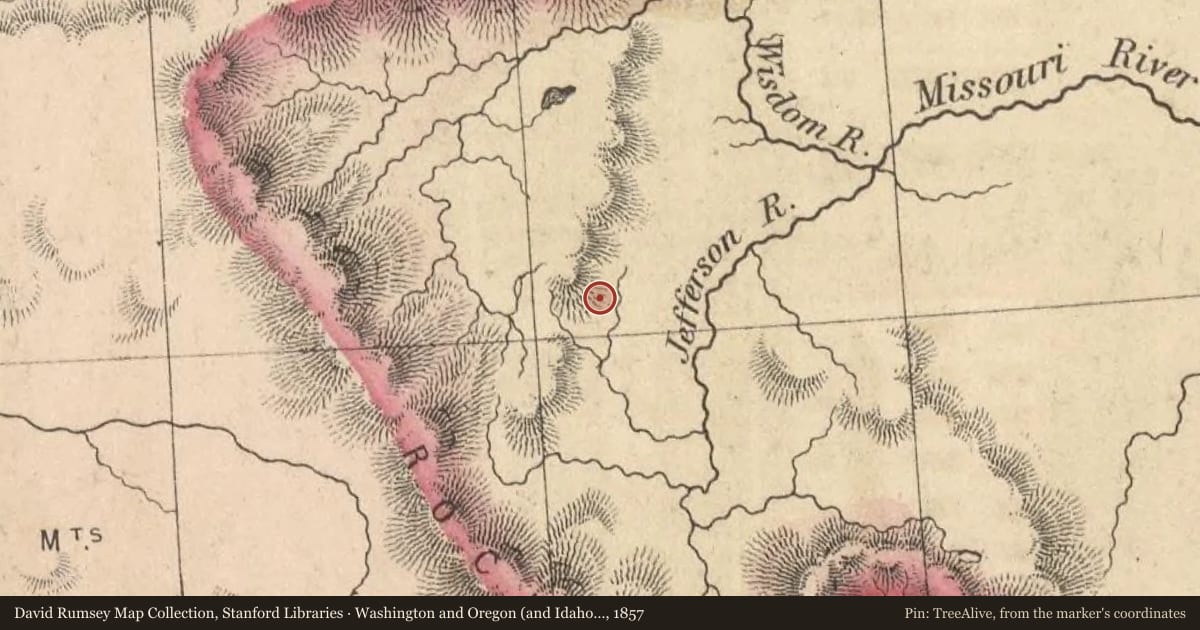 Washington and Oregon (and Idaho and Montana), 1857, covering the location of Old Trail to the Gold Diggin’s, with a pin at the marker's coordinates