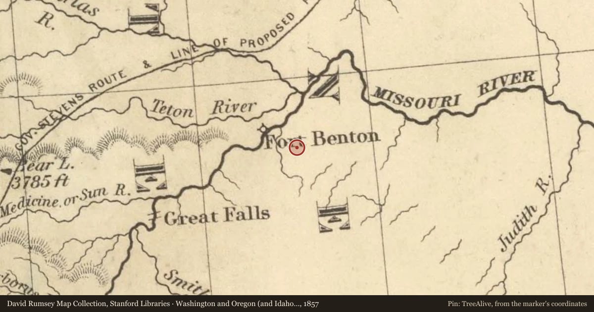 Washington and Oregon (and Idaho and Montana), 1857, covering the location of Fort Benton, with a pin at the marker's coordinates