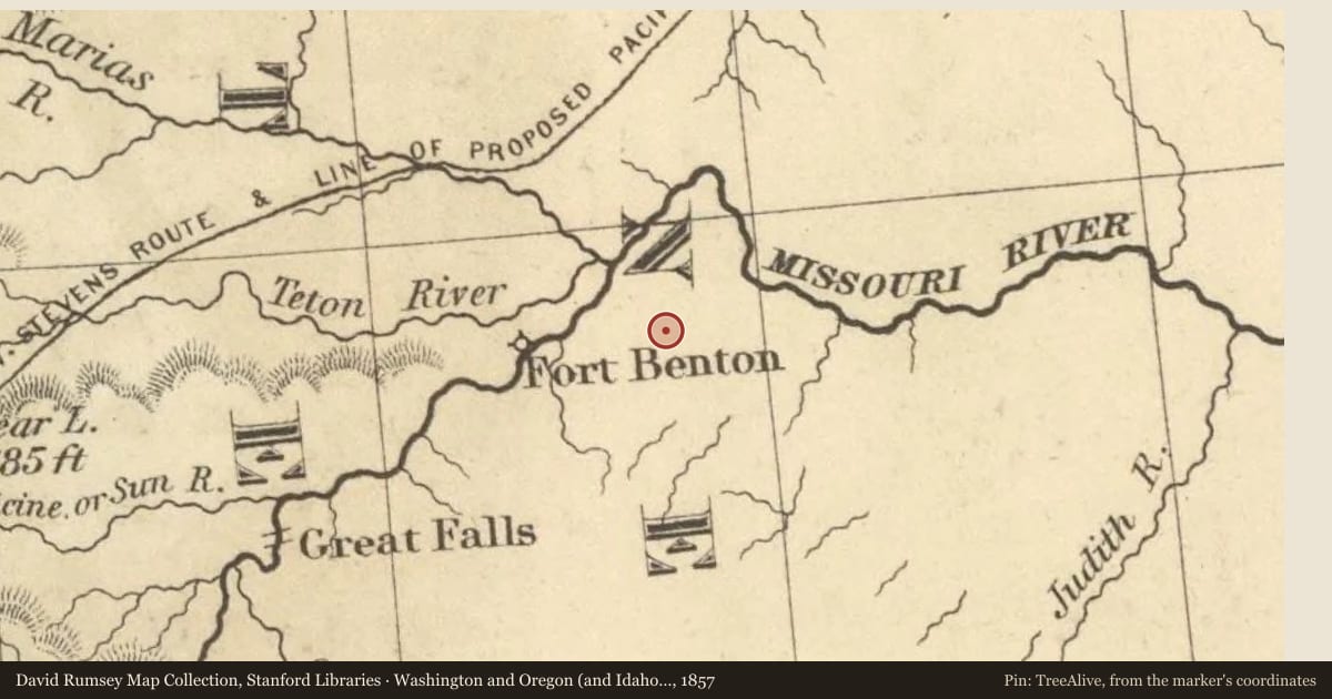 Washington and Oregon (and Idaho and Montana), 1857, covering the location of Marias River, with a pin at the marker's coordinates