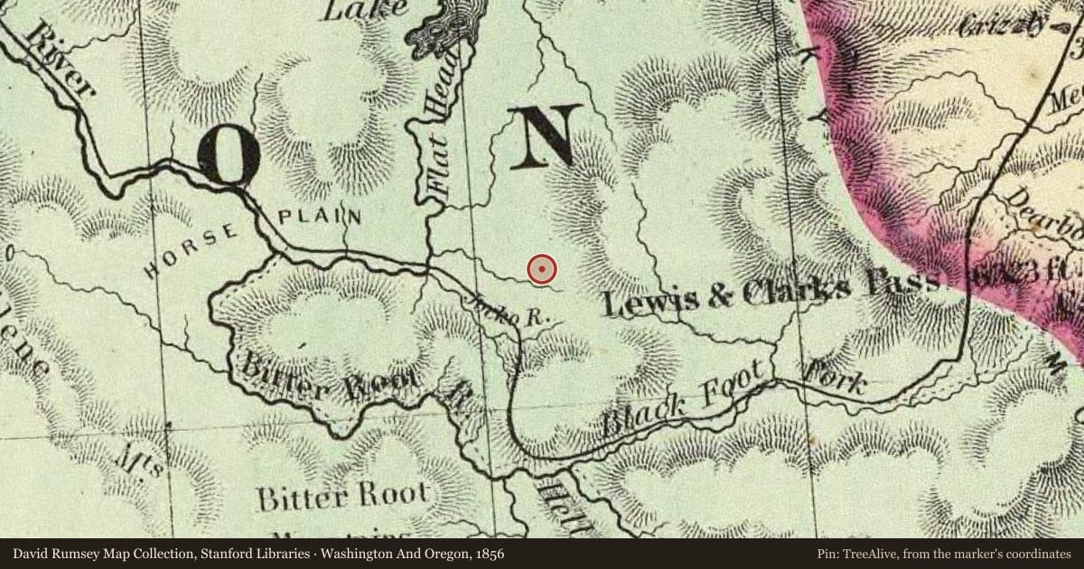 Washington And Oregon, 1856, covering the location of Fort Connah, with a pin at the marker's coordinates