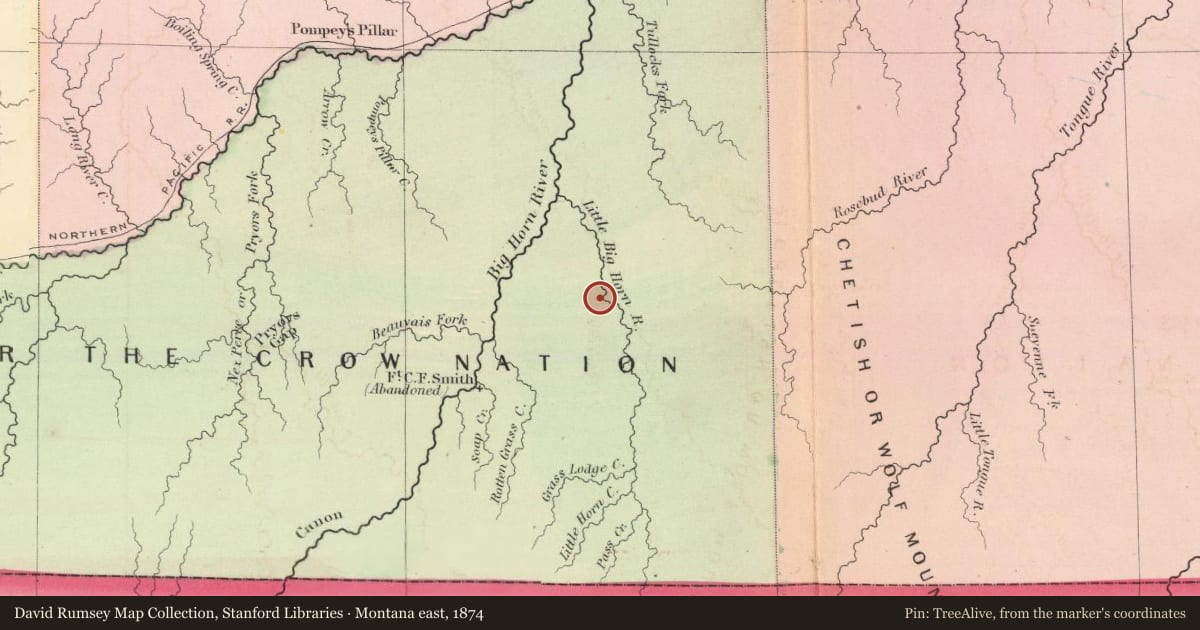 Montana east, 1874, covering the location of Garryowen, with a pin at the marker's coordinates