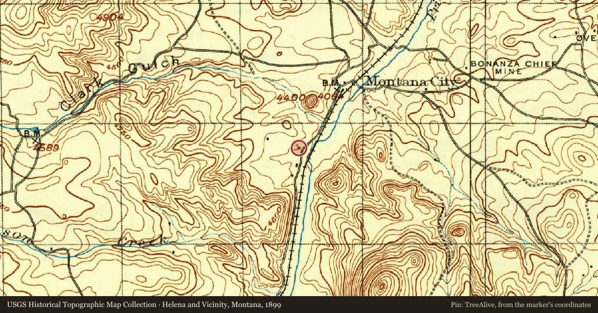 Helena and Vicinity, Montana, 1899, covering the location of The Prickly Pear Diggings, with a pin at the marker's coordinates