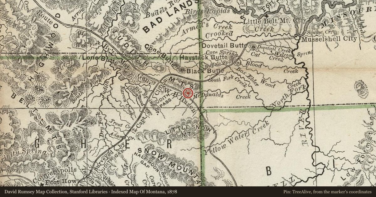 Indexed Map Of Montana, 1878, covering the location of Fort Maginnis, with a pin at the marker's coordinates