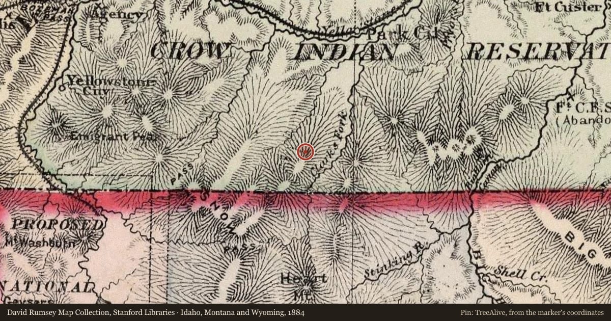 Idaho, Montana and Wyoming, 1884, covering the location of The Beartooth Range and Red Lodge Country, with a pin at the marker's coordinates